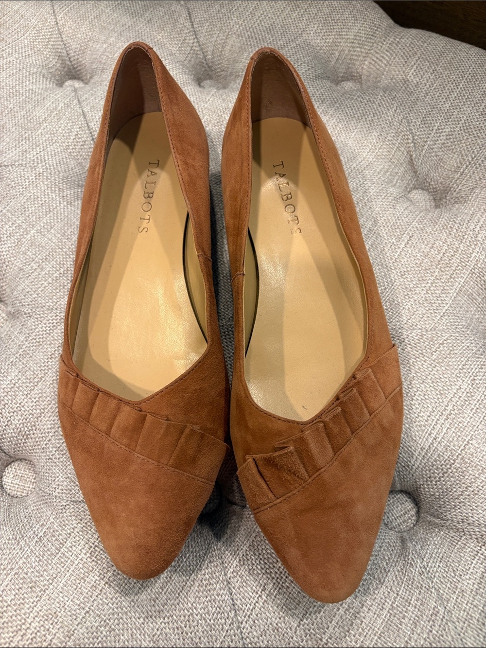 Talbots Chestnut Suede Pointed-Toe Flats with Pleated Accent